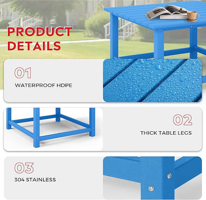 Costaelm Patio Conversation Table, Tatio Accent HDPE Outdoor Weather Resistant, Square Outdoor Porch Balcony Patio Drink Table for Outside, Pool, Backyard, Pacific Blue