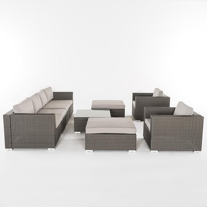 Christopher Knight Home Santa Rosa Outdoor 6-Seater Wicker Sectional with Aluminum Frame and Water Resistant Cushions, 9-Pcs Set, Grey / Silver