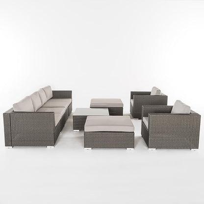 Christopher Knight Home Santa Rosa Outdoor 6-Seater Wicker Sectional with Aluminum Frame and Water Resistant Cushions, 9-Pcs Set, Grey / Silver