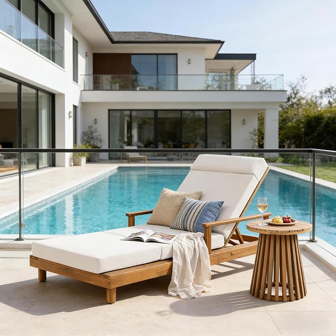 Merax Acacia Wood Outdoor Chaise Lounge Chair Set of 4, Thick 4-Fold Cushion & Headrest, 3-Position Adjustable Backrest, Modern 76.8" L Large Patio Pool Sun Lounger for Garden Beach Yard, Cream+Teak