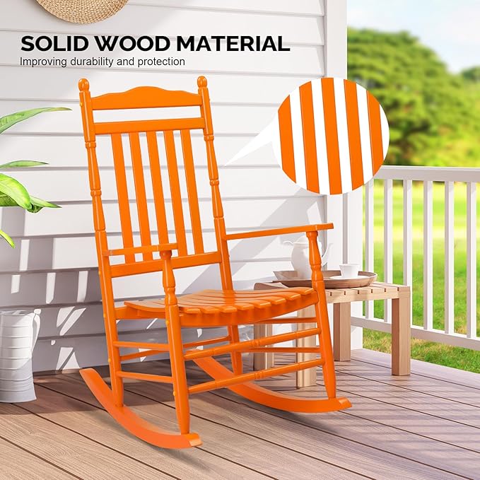 VINGLI Wooden Rocking Chair Outdoor, Patio Rockers with High Back, Support 450 LBS Rocking Chairs, for Porch, Patio, Balcony, Garden, Yard (Orange, 1 PC)