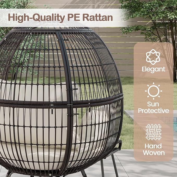 Tangkula Oversized Wicker Egg Chair with Ottoman, Patio Lounge Basket with 5 Soft Cushions, Stable Metal Frame, Gorgeous Indoor Outdoor Lounge Chair, Ideal for Living Room, Backyard, 450 LBS Max Load