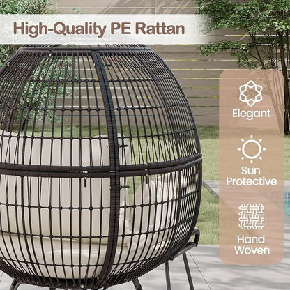 Tangkula Oversized Wicker Egg Chair with Ottoman, Patio Lounge Basket with 5 Soft Cushions, Stable Metal Frame, Gorgeous Indoor Outdoor Lounge Chair, Ideal for Living Room, Backyard, 450 LBS Max Load