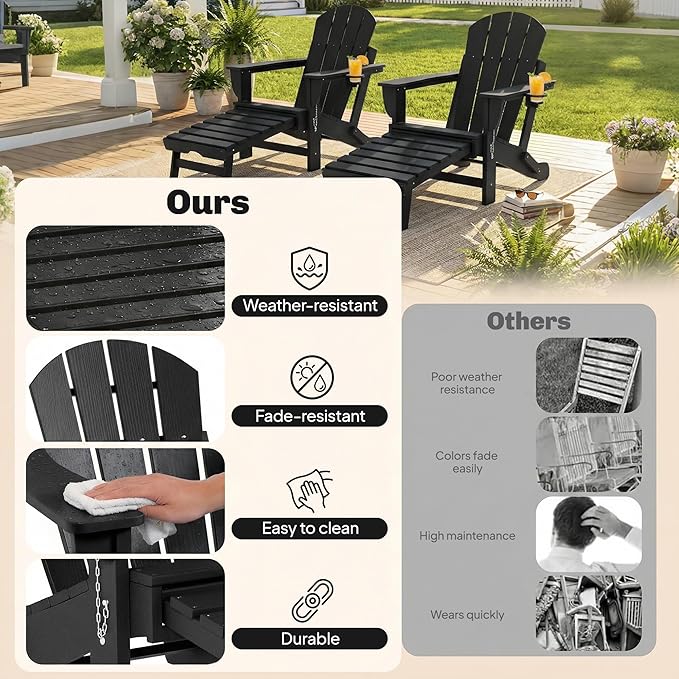 Outsunny Folding Adirondack Chair Set of 2, Outdoor HDPE Fire Pit Chair with Retractable Ottoman, Cup Holder and Large Seat for Deck, Garden, Backyard, Black