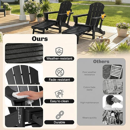 Outsunny Folding Adirondack Chair Set of 2, Outdoor HDPE Fire Pit Chair with Retractable Ottoman, Cup Holder and Large Seat for Deck, Garden, Backyard, Black