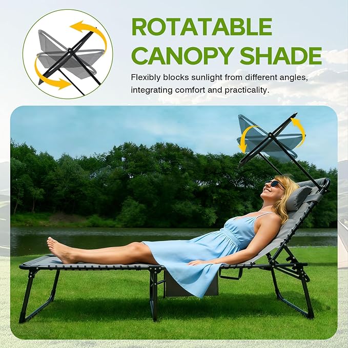 Outdoor Folding Lounge Chair with Removable Canopy & Pillow, Padded Reclining Chaise Lounge Chair 5-Position Heavy Duty Beach Chair for Patio, Beach, Pool, Camping