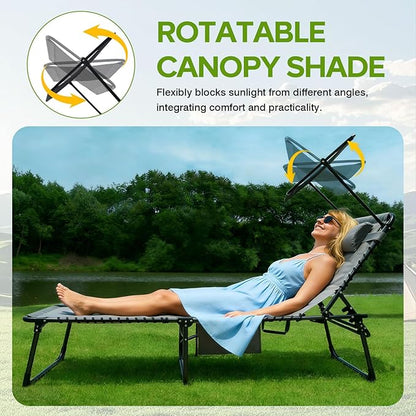 Outdoor Folding Lounge Chair with Removable Canopy & Pillow, Padded Reclining Chaise Lounge Chair 5-Position Heavy Duty Beach Chair for Patio, Beach, Pool, Camping