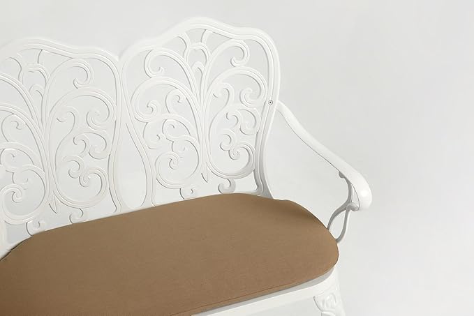 espidoo Cast Aluminum Garden Bench: Year-Round Elegance with Floral Rose - White Outdoor Patio Bench with Cushion - 34.6" W for Patio Lawn & Backyard