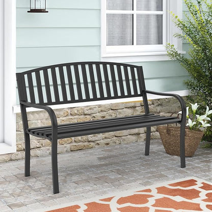 Outdoor Bench Garden Bench, Weatherproof Anti-Rust Heavy-Duty Outside Benches Clearance, Wrought Iron Metal Bench for Front Porch, Patio, Park