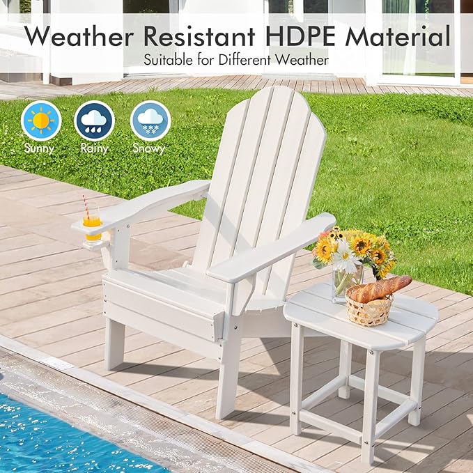 Giantex Adirondack Chair Outdoor Folding Chairs, HDPE Weather Resistant Patio Chair with Built-in Cup Holder Lawn Chair for Patio, Backyard, Balcony, Deck Outside Plastic Fire Pit Chair (4, White)