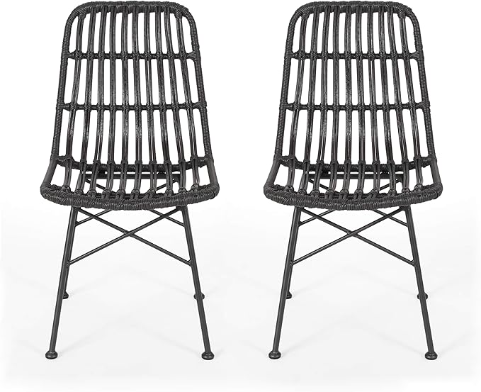 Christopher Knight Home Poppy Rattan Outdoor Dining Chairs Set of 2, Sturdy Metal Frame Patio Dining Chair Set for Backyard/Poolside, Slatted Armless Garden Chair, Sleek Open-Weave Design, Grey