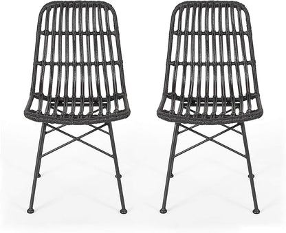 Christopher Knight Home Poppy Rattan Outdoor Dining Chairs Set of 2, Sturdy Metal Frame Patio Dining Chair Set for Backyard/Poolside, Slatted Armless Garden Chair, Sleek Open-Weave Design, Grey