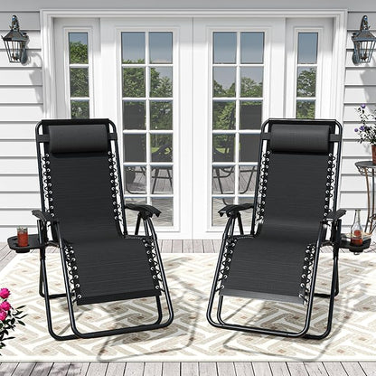 Set of 2 Adjustable Zero Gravity Lounge Chairs Outdoor Recliner w/Cup Holder Tray & Removable Pillows, Ergonomic Reclining Chair for Camping Patio Lawn Balcony (Black)