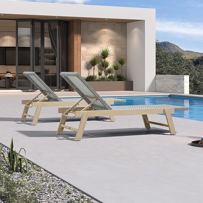 PURPLE LEAF Extra Large Patio Chaise Lounge 2 Pieces French Outdoor Wicker Lounger Matte White Aluminum Frame 771LBS Capacity PE Rattan Adjustable Backrest for Pool Garden Beach Backyard Black