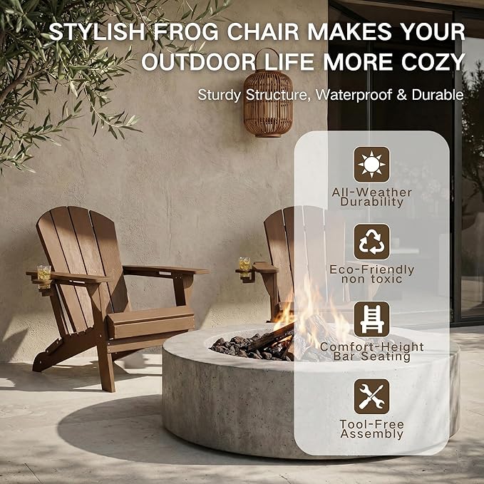 Kingdura Folding Adirondack Chairs Set of 2, Portable HDPE Outdoor Patio Chair with Wooden Textured & Cup Holder, All Weather Resistant, 380LBS Capacity for Pool, Backyard, Balcony, Fire Pit (Brown)
