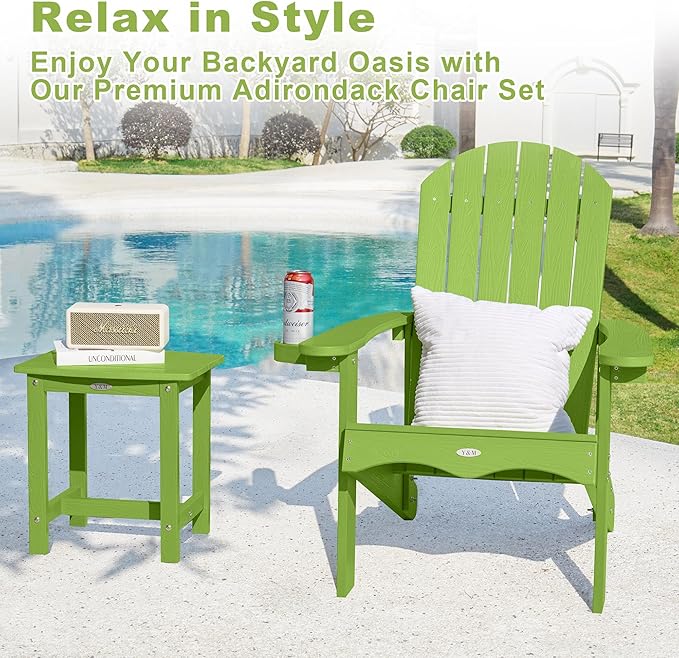 Y&M Adirondack Chair Set of 4, Lime Fire Pit Chairs, Outdoor Patio Chairs with Cup Holder, Weather Resistant HDPE Wooden Textured Patio Chairs, Perfect for Garden, Lawn, Deck, or Poolside