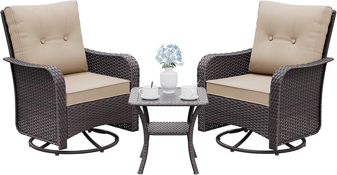 Gotland Outdoor Swivel Chairs Set of 2, 3 Pieces Patio Furniture Set with Thick Cushion, Wicker Rocking Patio Chairs Set of 2, Patio Bistro Set with Double-Layer Coffee Table for Balcony Porch Khaki