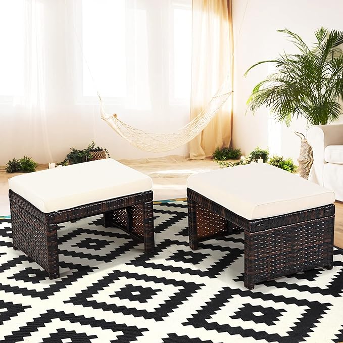 Tangkula 2 Pieces Patio Rattan Ottomans, All Weather Outdoor Footstool Footrest Seat with Soft Cushion, Hidden Zipper - Photo 3