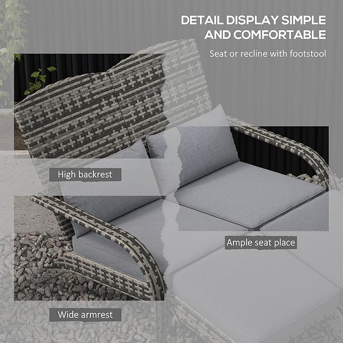 Outsunny Wicker Adirondack Chair for 2 with Cushions & Footrests, PE Rattan Double Chaise Lounge Chair - Photo 4