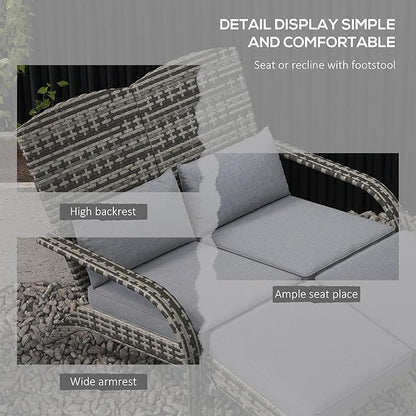 Outsunny Wicker Adirondack Chair for 2 with Cushions & Footrests, PE Rattan Double Chaise Lounge Chair, Fire Pit Chair for Porch with High-Back, Wide Armrests, Mixed Gray