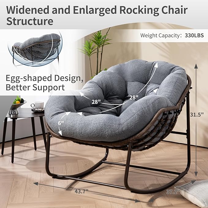 HOMEFUN Outdoor Patio Rocking Chairs Set of 2, Oversized Papasan Rock Chair Indoor with Teddy Padded Cushion - Rocker Egg Seat for Front Porch, Garden, Backyard Dark Gray
