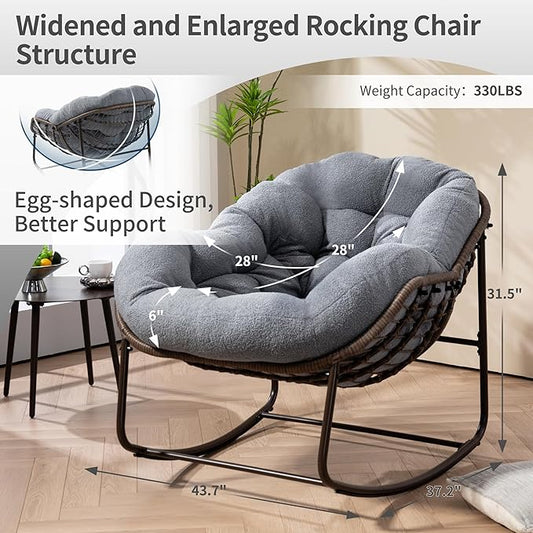 HOMEFUN Outdoor Patio Rocking Chairs Set of 2, Oversized Papasan Rock Chair Indoor with Teddy Padded Cushion - Rocker Egg Seat for Front Porch, Garden, Backyard Dark Gray