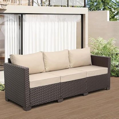 Wicker Outdoor Couch 3-seat Sofa Outdoor Furniture Deep Seat Hight Backrest Patio Furniture with Waterproof Cover Anti-Slip Cushions(Beige)