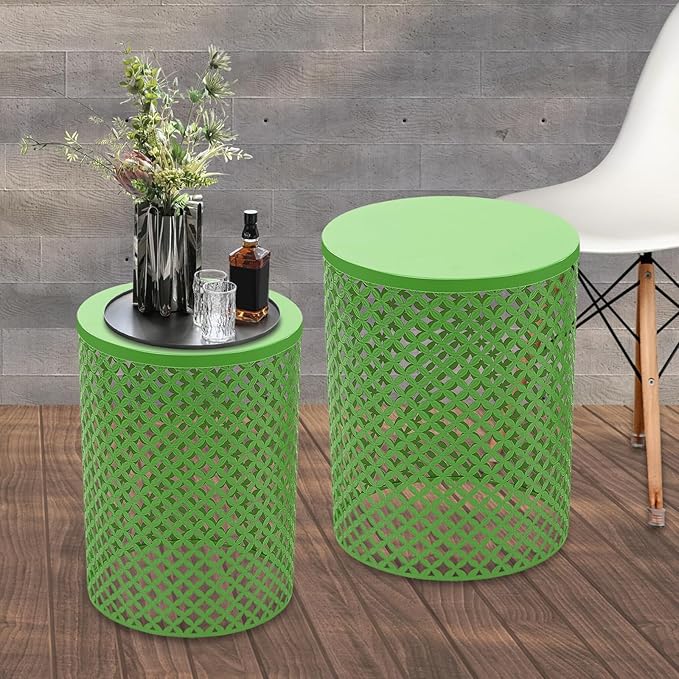 2PCS Outdoor Side Table, Heavy Duty Metal Frame Side Table Decorative Garden Stool Modern End Table Round Coffee Table for Patio Gardens Balconies Cafes (Green)