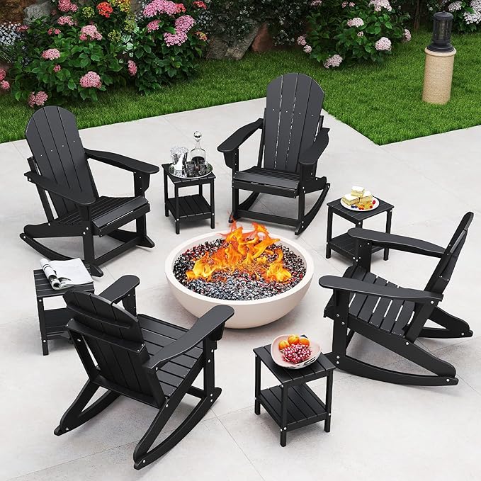 IVY&LANE Adirondack Rocking Chair | Porch-Rocker | HDPE Plastic | Weatherproof | Black | for Outdoor Patio Deck Backyard
