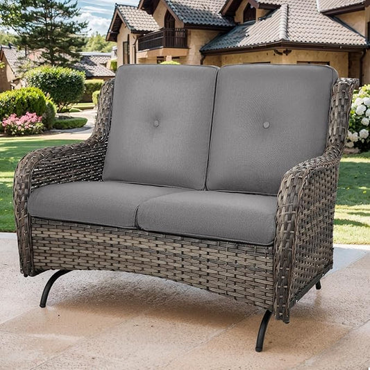 Patio Loveseat Wicker Loveseat Rattan Glider Sofa with Curved Armrest Thicking Back & Seat Cushions for Garden Balcony Backyard Grey Wicker|Grey Cushions (A) Patio Loveseat Glider