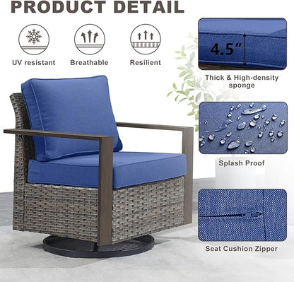 Rilyson Outdoor Wicker Patio Furniture Set - 5 Piece Patio Conversation Set with 2 Wicker Swivel Rocker Chairs,2 Rattan Ottoman and 1 Couch,Thick Cushions,Deep Seating,Wide Armrest(Mixed Grey/Blue)