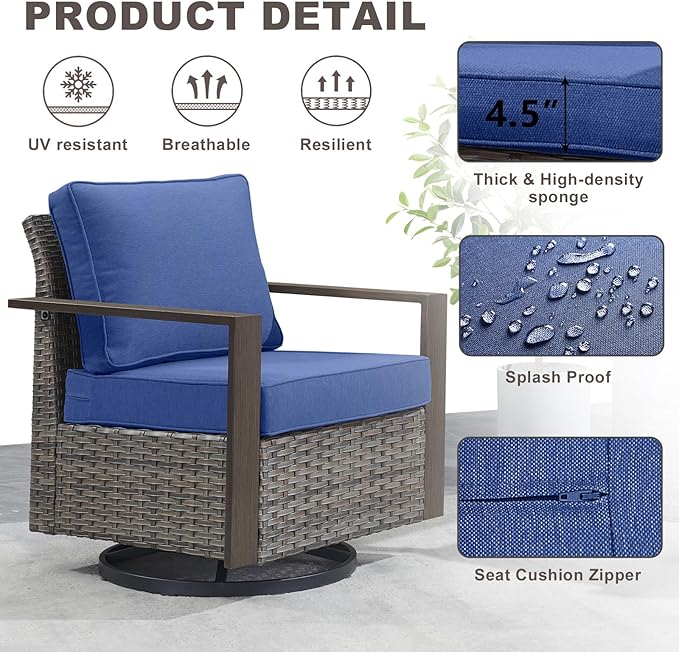 Rilyson Outdoor Wicker Patio Furniture Set - 4 Piece Patio Conversation Set with 2 Wicker Swivel Rocker Chairs,2 Rattan Ottoman, Thick Cushions, Deep Seating, Wide Armrest(Mixed Grey/Blue)
