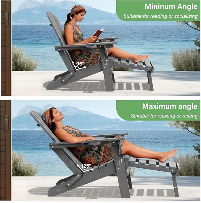 LOUNZY Folding Adjustable Adirondack Chair with Retractable Ottoman, HDPE Recliner Adirondack Chair with Cup Holder for Deck Lawn Fire Pit,Grey