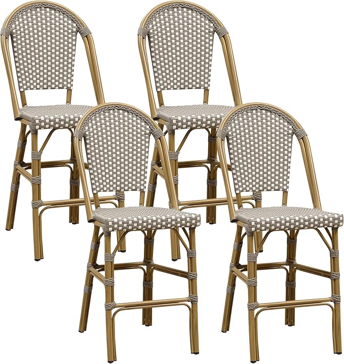 PURPLE LEAF French Counter Height Bar Stool Set of 4 25" Bamboo Print Finish Patio Bar Chairs with Back Rattan Bar - Photo 1