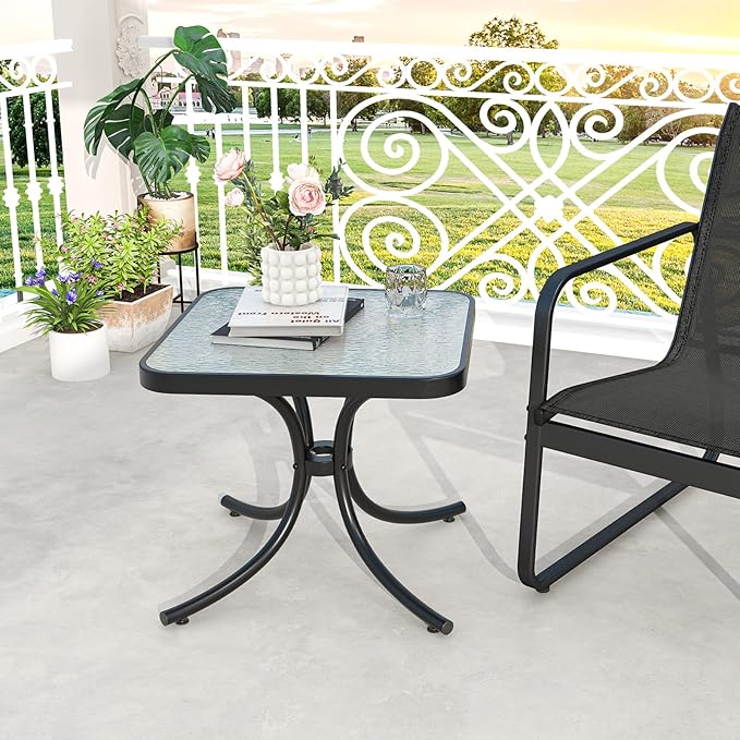 Tangkula Outdoor Side Table, 20 Inches Square End Table with Tempered Glass Top, Metal Frame - Photo 2