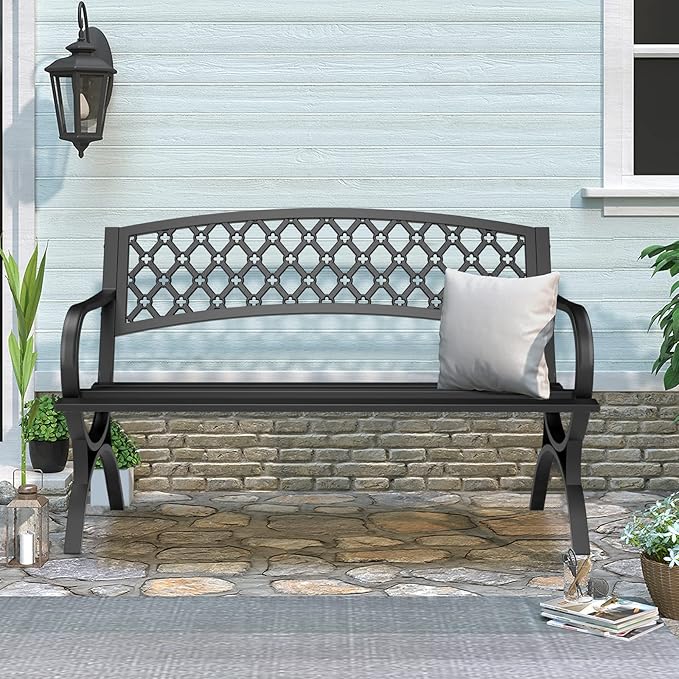 Outdoor Bench Garden Benchs, Weatherproof Anti-Rust Heavy-Duty Outside Bench Clearance, Wrought Iron Metal Bench for Front Porch, Patio, Park, Ergonomic Backrest, Slatted Seat