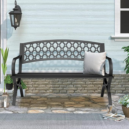 Outdoor Bench Garden Benchs, Weatherproof Anti-Rust Heavy-Duty Outside Bench Clearance, Wrought Iron Metal Bench for Front Porch, Patio, Park, Ergonomic Backrest, Slatted Seat