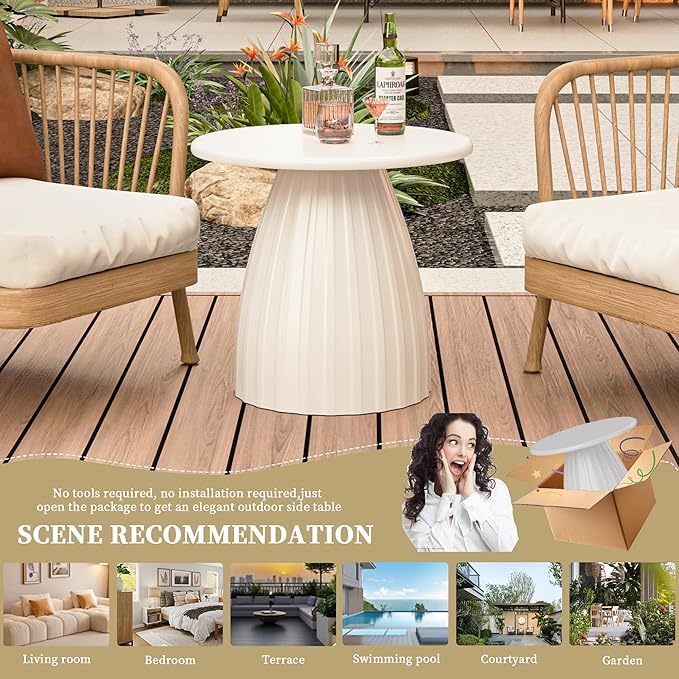 Round Small Patio Side Table, Patio Furniture Accent End Table, Metal Steel Outdoor Side Table, for Garden, Pool, Yard, Balcony, Living Room, Deck, Weather Resistant, No Assembly, Beige White