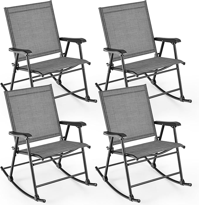 Tangkula Folding Rocking Chairs Set of 4, Patio Rockers with Breathable Seat Fabric & Sturdy Metal Frame, Smooth Rocking Motion, Heavy-Duty Outdoor Rocker for Backyard, Front Porch, Poolside