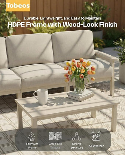 HDPE Patio Furniture Set with Cantilever Umbrella, Outdoor Couch with Washable Thick Beige Cushions & Tables, Outdoor Sectional Furniture for Deck, Lawn, Porch (White Frame)