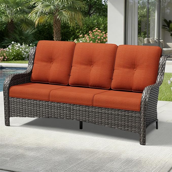 Joyside Outdoor Patio Couch, 3 Seater Outdoor Wicker Sofa with High Back, Deep Seating, Wide Armrest, Thickened Cushions - Photo 6