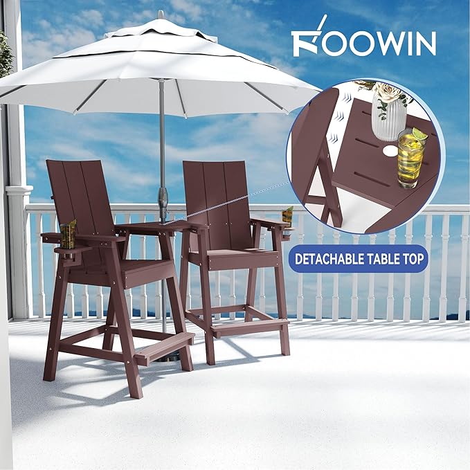 FOOWIN Tall Adirondack Chairs Set of 2,HDPE Adirondack Bar Stools with Connecting Tray & Cup Holders,Weather Resistant Balcony Chair for Outdoor Deck Lawn Pool Backyard Coffee