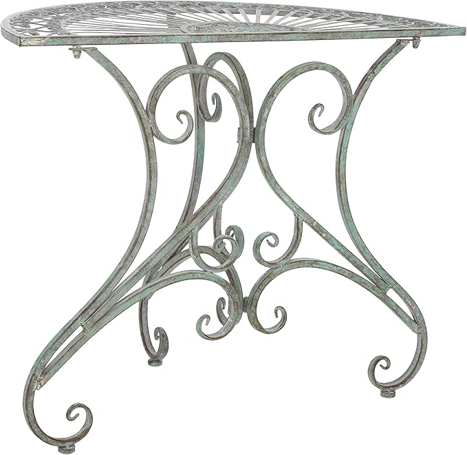 SAFAVIEH Outdoor Collection Annalist Victorian Scroll Antique Dark Green Wrought Iron Half Moon Accent Table