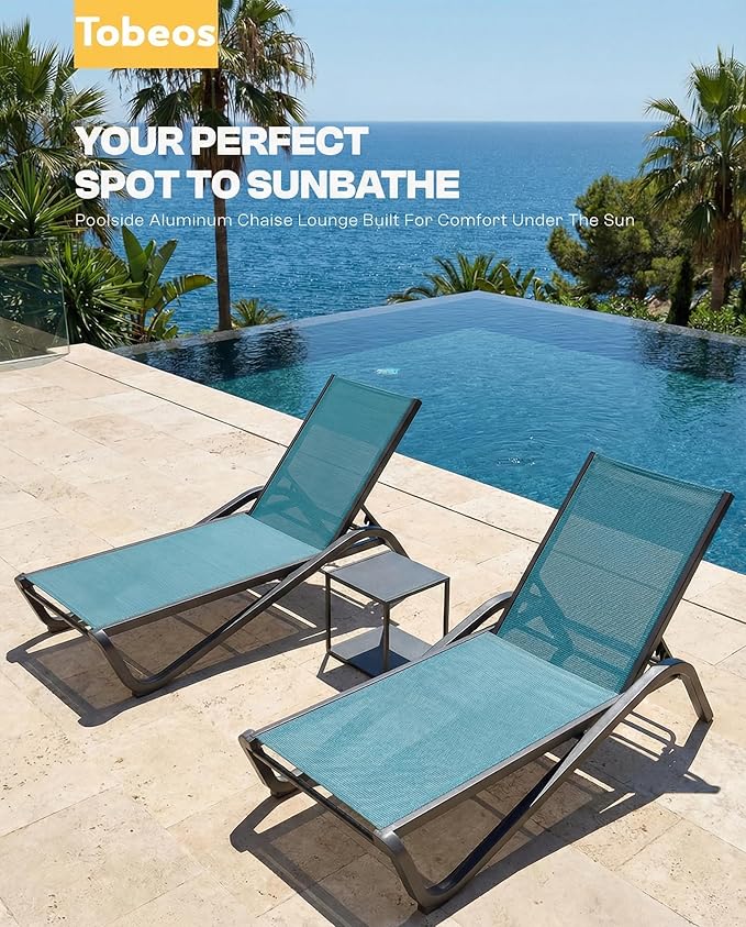 Outdoor Chaise Lounge Chair Set of 30, 5-Position Adjustable Patio Lounge Chair with Aluminum Frame, Textilene Fabric Pool Loung Chairs for Poolside, Deck, Backyard (Lake Blue)