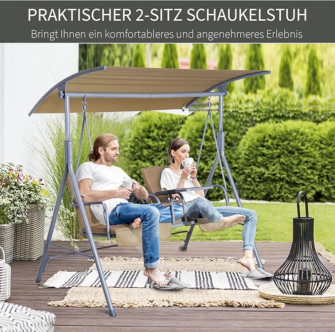 Outsunny 2 Person Porch Swing with Stand, Outdoor Swing with Canopy, Pivot Storage Table, 2 Cup Holders - Photo 6