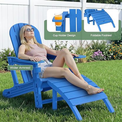 JY QAQA Outdoor Adirondack Chair Set of 2 with Detachable Table & Ottoman, All-Weather HDPE Patio Furniture with Wood Texture & Cup Holder for Patio, Poolside, Garden, Blue