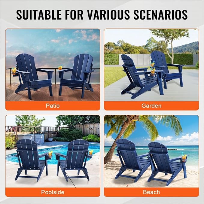 Adirondack Chair Plastic Set of 2 All-Weather Folding Fire Pit Navy Blue
