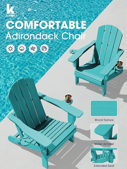 KINGYES Folding Adirondack Chair with Dual Cup Holders - HDPE All-Weather Outdoor Chairs, Wood-Like Patio Chair for Backyard, Camping, Pool & Fire Pit, Aruba
