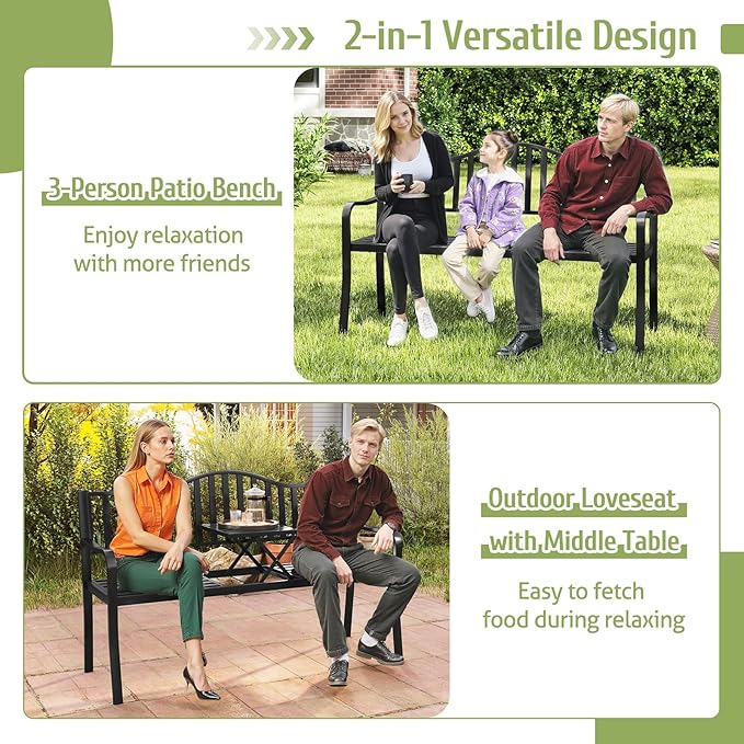 Tangkula 60” Metal Outdoor Garden Park Bench, Heavy-Duty Patio Loveseat Armchair with Pull-Out Center Table, 2-3 Person Park-Style Chair for Backyard, Garden, Balcony, 660 lbs Max Load