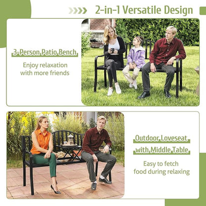Tangkula 60” Metal Outdoor Garden Park Bench, Heavy-Duty Patio Loveseat Armchair with Pull-Out Center Table, 2-3 Person Park-Style Chair for Backyard, Garden, Balcony, 660 lbs Max Load
